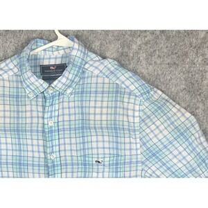 Vineyard Vines Men's Classic Fit Tucker Linen Blue Plaid SS Shirt - Sz Medium
